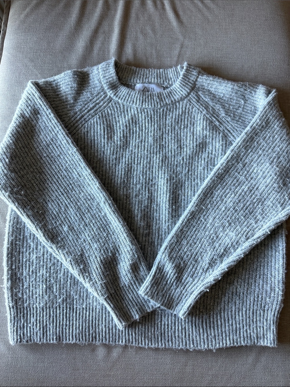 Zara Girls Ribbed Crewneck Sweater - Light Gray
